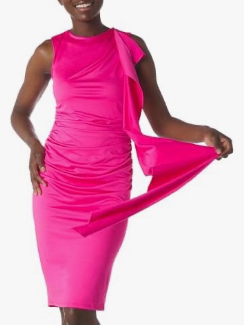 Black Halo Enola Fuschia Ruched Shoulder Drape Cocktail Dress | 2